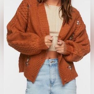 Forever 21 Rust Embroidered Floral Cable Cropped V Neck Cardigan Juniors Large